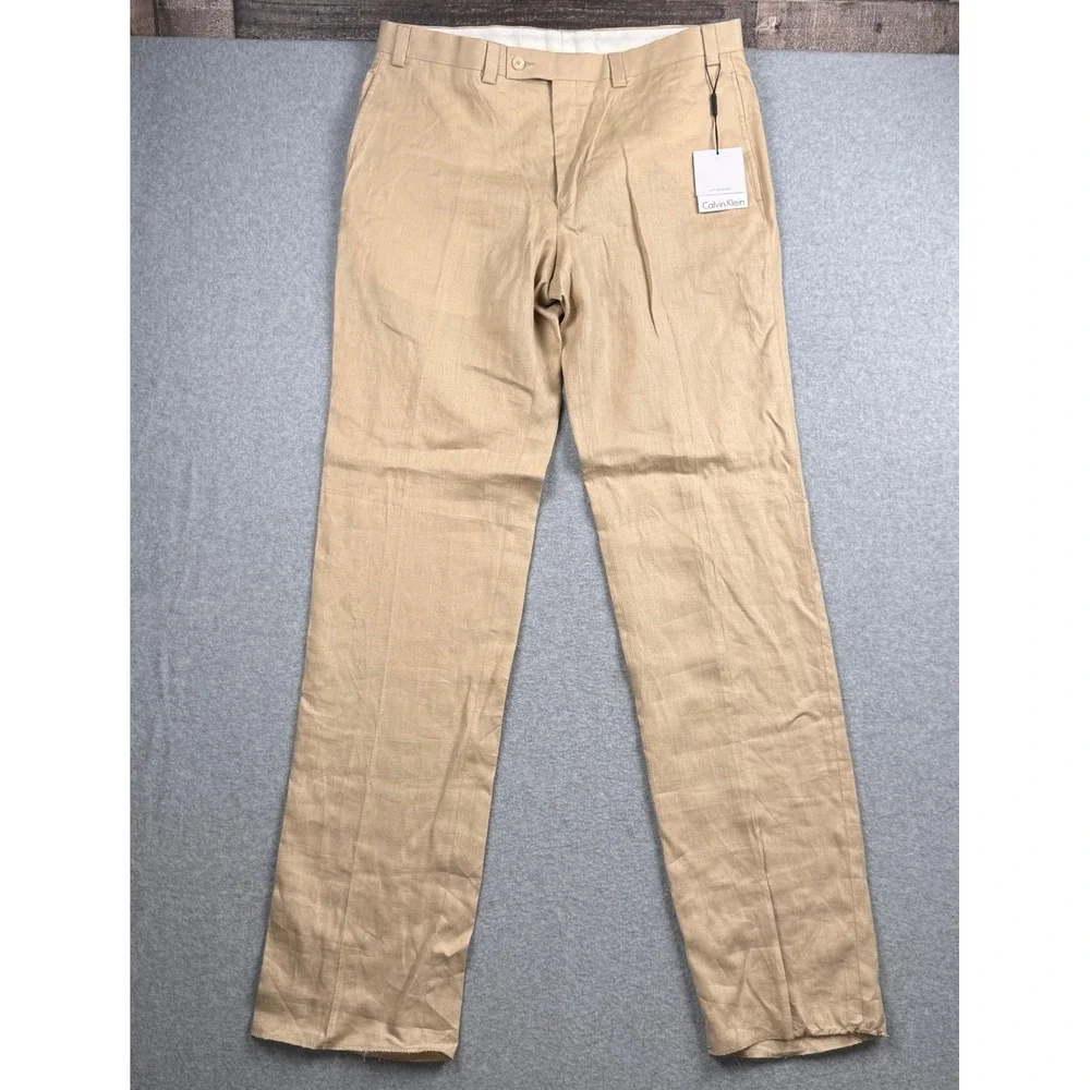 Calvin Klein Pants Mens 36 Beige 100% Linen Flat Front Suit Separate Dress NEW